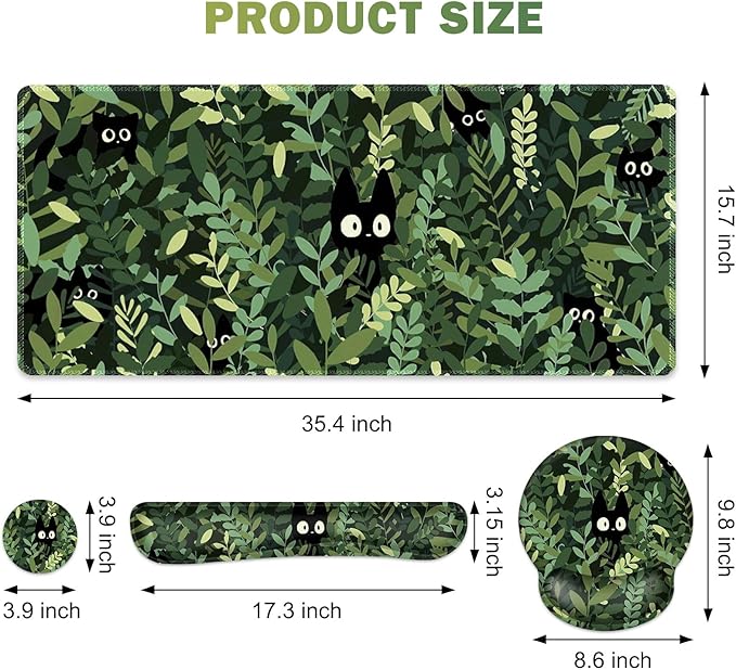 Large Desk Mat, Cute Anime Cats Gaming Mouse Pad, Desk Pad Protector, XXL Mousepad + Keyboard Wrist Rest+Mouse Wrist Rest+Coaster Set with Ergonomic Desk Pad for Home Office PC Computer, Green Leaves