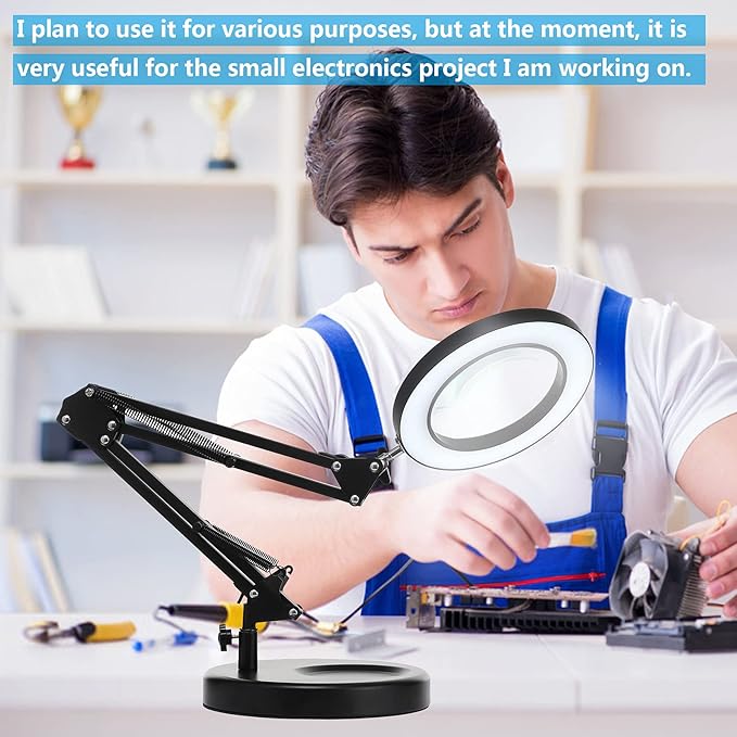 HITTI 【Upgraded 12X LED Magnifying Lamp, 1,800 Lumens Stepless Dimmable, 3 Color Modes, 8-Diopter 4.2″ Real Glass Lens Magnifier Desk lamp, Magnifying Light and Stand for Crafts Reading Close Work