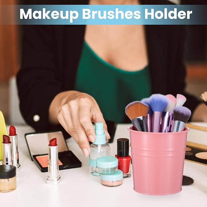 10 Pcs Metal Pen Holder, Colorful Desktop Pencil Cup, Mini Stationary Supplies Buckets, Round Makeup Brush Storage Organizers for Office Home School Classroom Accessory, 3.9 x 3.9 x 3.15 Inches