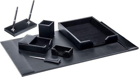Dacasso Bonded Set Luxury Leather Desk Pad & Desk Organization Essentials, 7 Piece, Black