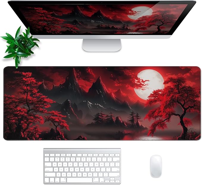 Darkness Red Moon Mouse Pad Abstract Red Mouse Pad 31.5x11.8 Inch Texture Non-Slip Rubber Base Large Mousepad Stitched Edges Keyboard Mouse Mat Desk Pad for Office and Home (Darkness 3)