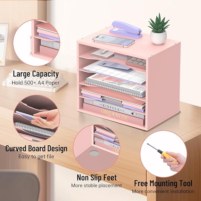 5-Tier Wood Desk Organizer, Paper Tray Organizer for Desk with Adjustable Storage Shelves, Desktop Paper Sorter Mail Holder for Office Home Classroom, Pink