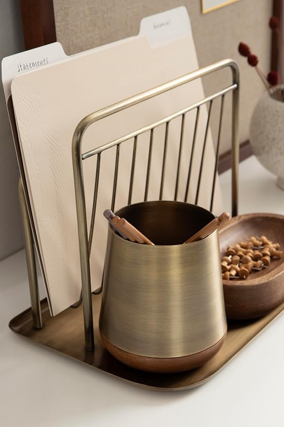 Kate and Laurel Koni Modern Three-Piece Home Office Organization Set, 13 x 8 x 9, Walnut Brown and Antique Brass, Wood and Metal Organizational Set for Office with File Folder Holder