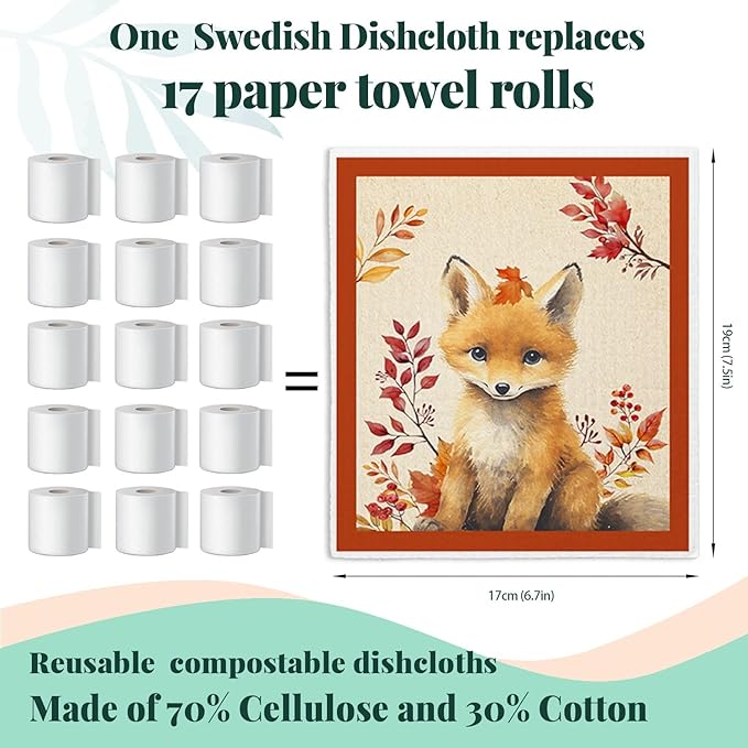 Fall Animal Swedish Dishcloths for Kitchen Cloths Towels, Cute Deer Fox Owl Squirrel Autumn Farm House Gifts 4 Pack Dish Cloths for Kitchen, Papaya Reusable Cleaning Paper Towels Washable