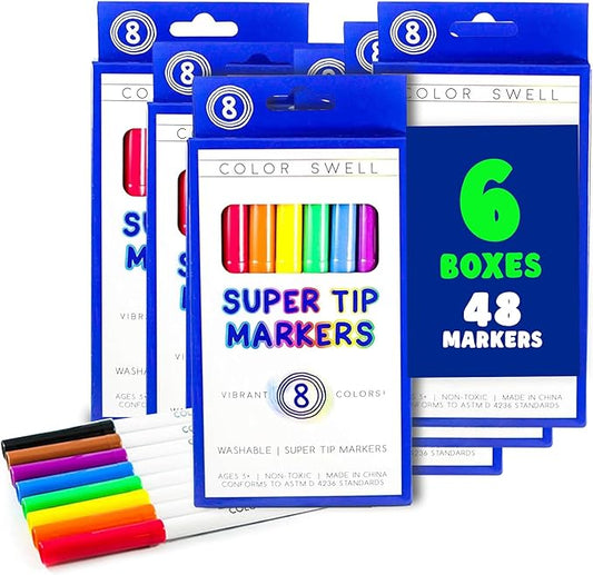 Color Swell Super Tip Markers 6 Boxes of 8 Washable Vibrant Colors (48 Total) Perfect Bulk Marker Pack for Kids, Parties, Classrooms