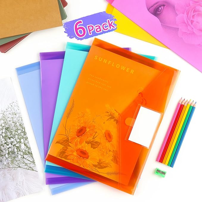 Tamaki 6 Pack Plastic Envelopes Poly Envelope Folder Clear Document Plastic File Folders Organization with Hook & Loop Closure, Letter Size/A4 Size, Envelope Folders for School Office