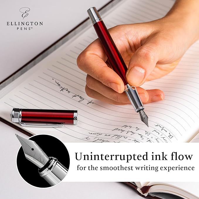 Ellington Pens Luxury Fountain Pen Set - Extra Fine Nib- Includes 3 Ink Cartridges, Refillable Ink Converter, Gift Box- Fountain Pens For Writing, Calligraphy, Journaling, Sketching (Scarlet Slate)