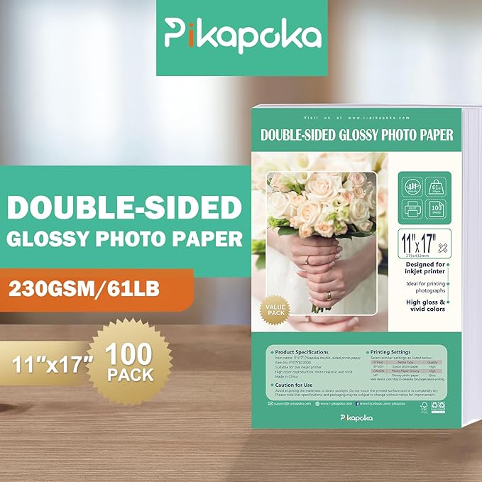 Double Sided Glossy Photo Paper 11x17, Thick Glossy Paper for Cardstock, 100 Sheets 61lb for Inkjet Printer