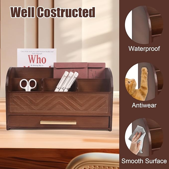 Mail Organizer Countertop Kitchen-Brown Mail Holder Countertop Drawers Wood Desk Drawer Tabletop Storage Organization Pen Holder Letter Sorter Makeup Organizer for School Home Office Supplies