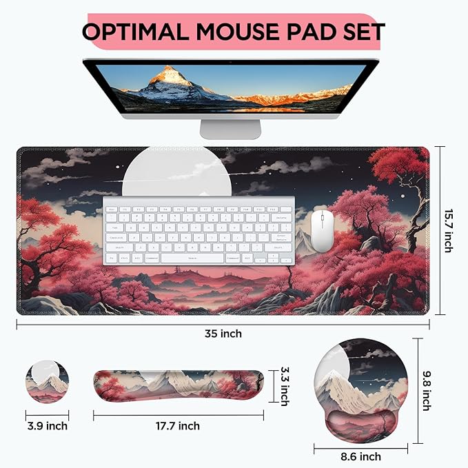 AIMSA Keyboard Mouse Pad Wrist Rest Set, Large Gaming Mouse Desk Pad with Wrist Support Ergonomic Design, 4 in 1 Mousepad for Home Office, Sakura Snow Mountain