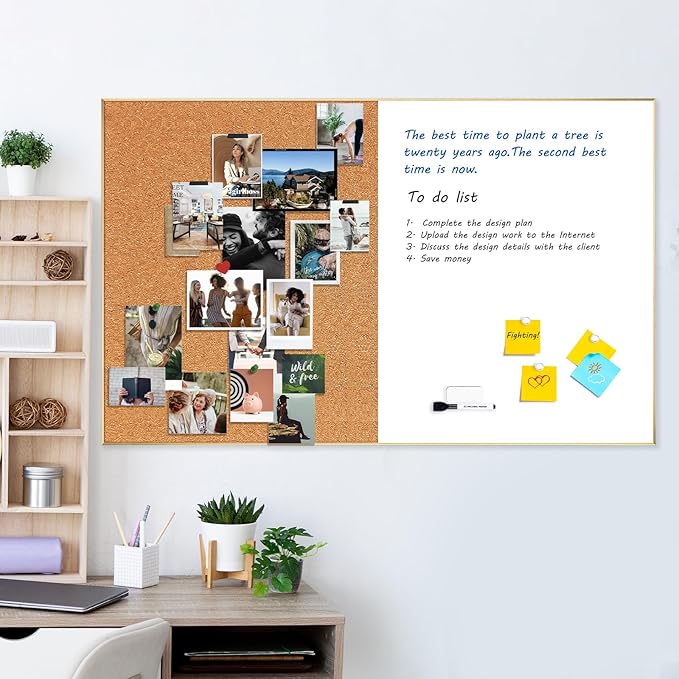 ARCOBIS Cork Board White Board Combo, Bulletin Board-Gold Frame, Magnetic Dry Erase Board & Corkboard for Wall, Vision Board for Home, Office, School (Gold, 48 x 30)