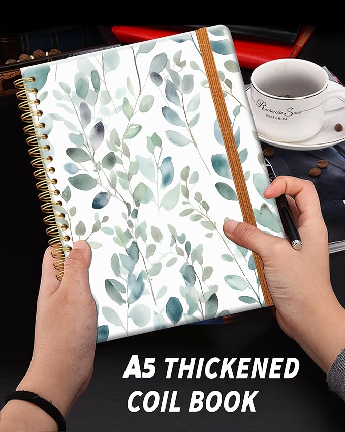 Ruled Spiral Writing Notebook,A5 Hardcover Lined College Journal for Women Lady Girl,Strong Twin-Wire Binding with Premium Paper,8.4" X 6",Perfect for School,Office,Home Gifts(watercolor Leaf