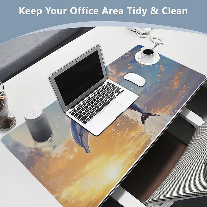 Mouse Pad Desk Mat Leather Desk Pad Large Gaming Desk Cover Protector Mat for Keyboard Computer Laptop Office Waterproof 35.4 x 16.5 Inch Dolphin Jumping Sunset Blue