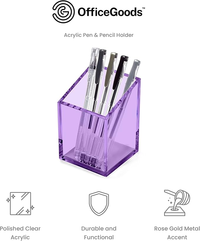 OfficeGoods Acrylic Pen & Pencil Holder - Modern Trapezoid Design - Beautiful Desk Organizer for Home or Office - Contrasting Metal Base - 3" Square w/ 3.5" Front & 4.5" Back - Purple