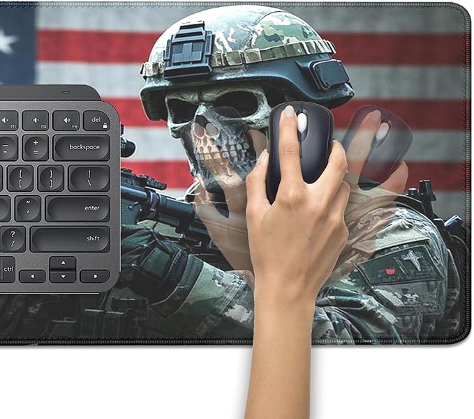 America Skeleton Warrior Mouse Pad,US Flag Soldier XL Mousepad Desk Pad with Stitched Edges,Non-Slip Waterproof Rubber Base Mouse Mat Desk Mat for Office Computer Keyboard Laptop Home(27.5x11.8 in)