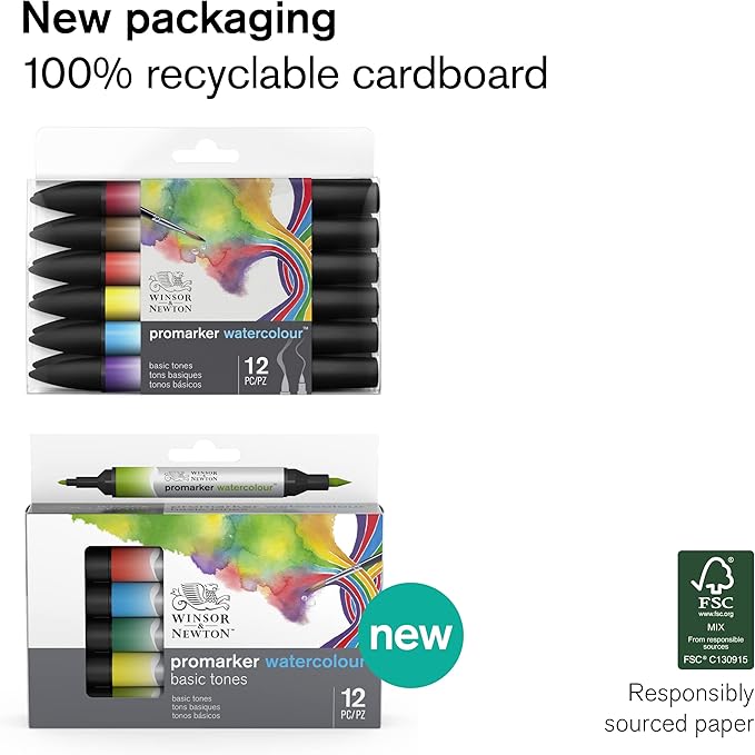 Winsor & Newton ProMarker Watercolor Marker Set, 12 Count, Basic Tones