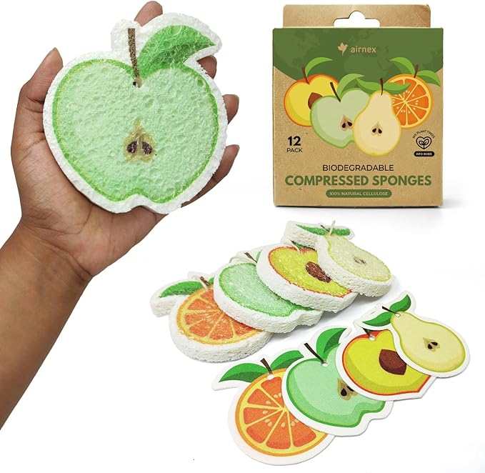 AIRNEX Biodegradable Cellulose Compressed Sponges Bulk - Fruit Shaped Kitchen Pack of 12 - Eco Friendly, Odor Free, Natural, Pop Up Compostable Scrubbers for Washing Dishes