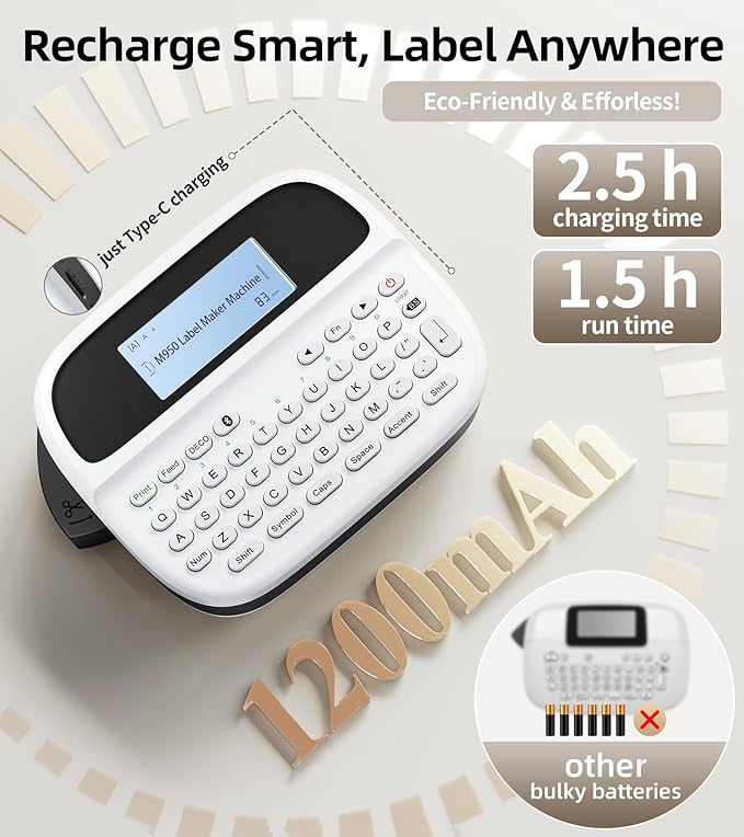 M950 Label Maker Machine with 4 Tapes, Rechargeable Backlit Labeler, Inkless Bluetooth Labeling Machine, Handheld Label Printer Bundle for Home Kitchen Food Labels