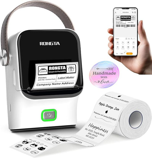 Rongta Bluetooth Label Maker Machine with Tape, Thermal Label Printer for Office, Small Business Essentials, Home Organization, Portable Inkless Sticker Label Maker with 2x1.18 inch Labels-150pcs