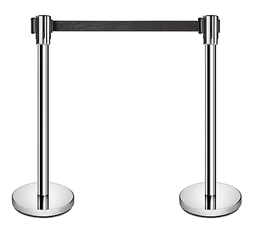 New Star Foodservice 54606 Stanchions, 36-Inch Height, 6.5-Foot Retractable Belt, Set of 2, Silver Belt