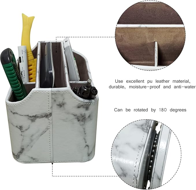 PU Leather Remote Control Holder 360 Degree Rotating Desk Organizer/Caddy Storage Box for Remote Controllers,TV Guide, Mail, Electronics,Pen,Stationery and Media Storage white