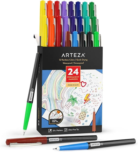 ARTEZA Permanent Markers, 24 Ultra Fine Tip Paint Pens, 12 Rainbow Colors, 2-mm Line, Quick-Drying, Water Resistant, for Calligraphy and Sign Making
