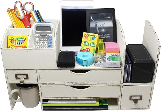 Executive Office Solutions Large Adjustable Wooden Office Desk Organizer For Desktop, Tabletop, or Counter – Wood Storage Shelf Rack – For Office Supplies, Desk Accessories, or Mail - White