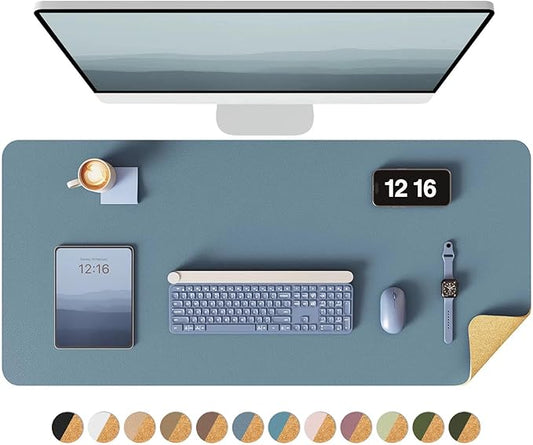 YSAGi Double-Sided Desk Pad, 35.4"x17"Leather Desk Mat, Eco Cork Desk Pad Protector,Large Mouse Pad,Waterproof Desk Blotter for Office/Home(Blue Grey)