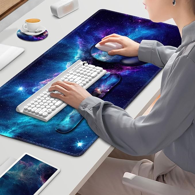 Gaming Mouse Pad, Large Desk Mat, Cute Desk Pad Protector, 4in1 XXL Mousepad + Keyboard Wrist Rest+Mouse Wrist Rest+Coaster Set with Ergonomic Desk Pad for Home Office Table Computer, Galaxy Space