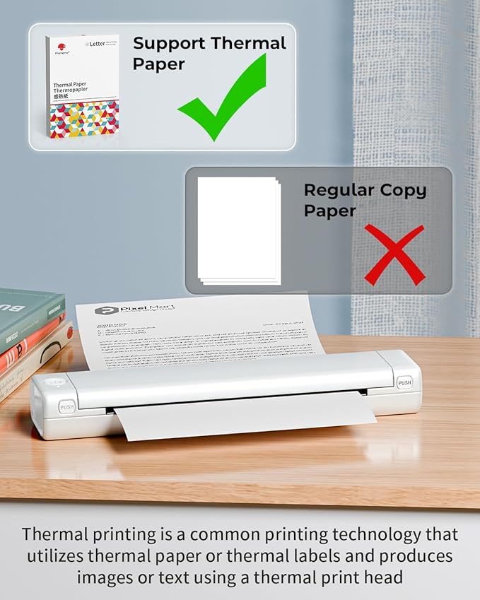 Phomemo M08F Portable Printers Wireless for Travel, Thermal Printer Support 8.5" X 11" US Letter Thermal Paper, Bluetooth Inkless Printer Compatible with iOS, Android, Laptop for Travel, Office, Home