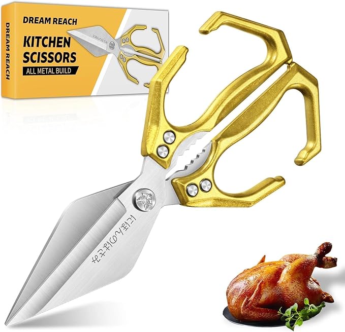 Dream Reach Heavy Duty Poultry Shears Kitchen Scissors for Food with Ergonomic Handle, Japanese High-Carbon Steel Cooking Scissors for Kitchen, Chicken, Meat, Seafood, Bone Cutting (Gold)