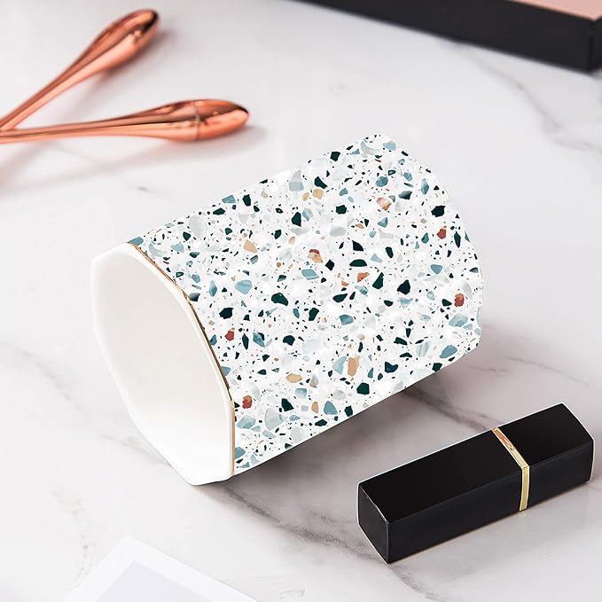 Pen Holder, Makeup Brush Holder Ceramic Shiny Gold Terrazzo Marble Stone Pattern Pencil Cup for Girls Kids Women Durable Stand Desk Organizer Storage Gift for Office, Classroom, Home Light Blue