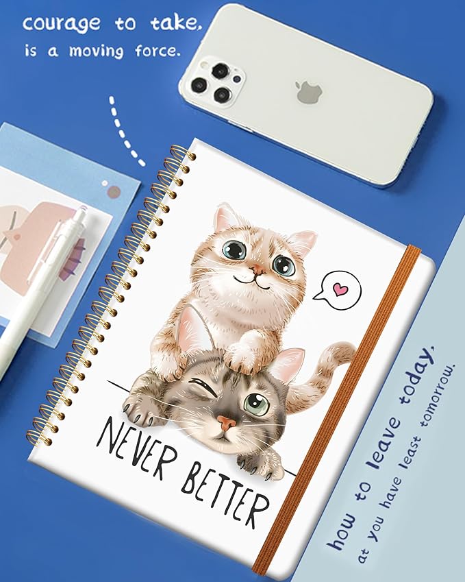 Ruled Spiral Writing Notebook,A5 Hardcover Lined College Journal for Women Lady Girl,Strong Twin-Wire Binding with Premium Paper,8.4" X 6",Perfect for School,Office,Home Gifts(cute cats)
