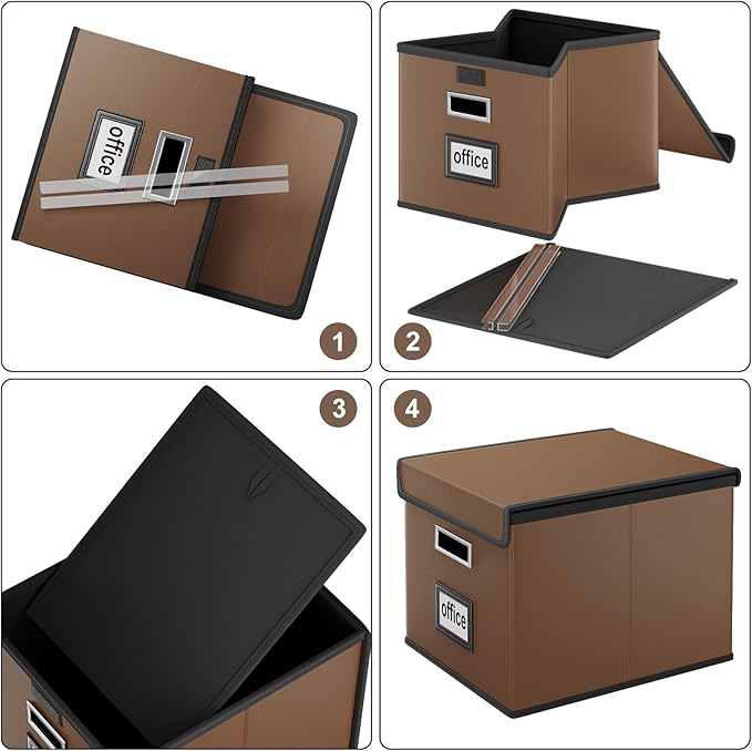 Huolewa File Organizer Boxes with Lids, Collapsible Faux Leather Hanging File Folder Box Organizer with Plastic Slide, Decorative Home/Office Filing System Boxes for File and Folders Storage