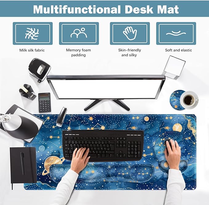 ARTSO Large Mouse Pad and Keyboard Wrist Rest, Ergonomic Mouse Pad with Wrist Support, Non-Slip Desk Mat Protector for Office, Home -Blue Planet Galaxy