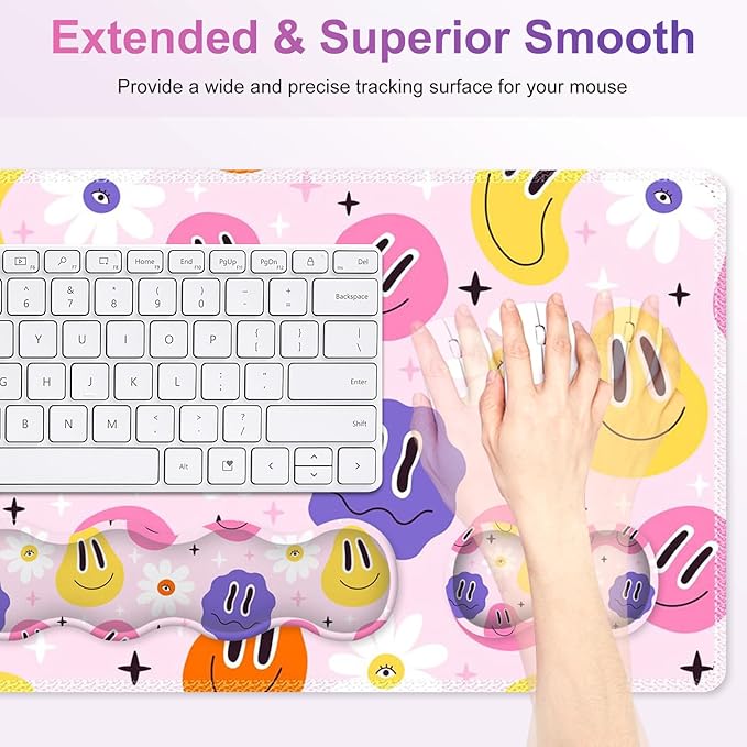 Gaming Mouse Pad Keyboard Wrist Support, 4 in1 Mousepad with Wrist Keyboard Rest, Computer Desk Mat, Non-Slip Desk Pad Protector with Memory Foam Easy Typing Pain Relief I Cute Hippie Smiley