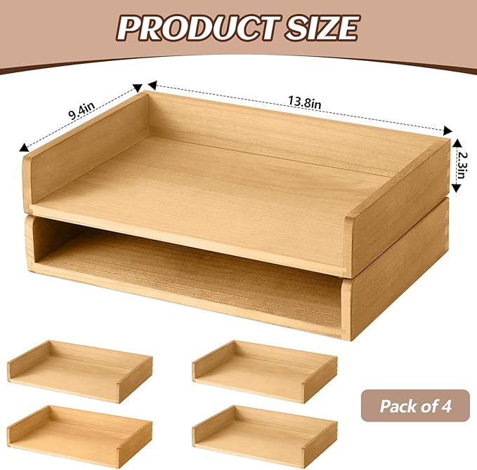 Yeaqee 4 Pcs Stackable Paper Organizer Tray Wood Desk Organizer Letter Tray Desktop Letter Size Office Wooden Desk Shelf Paper Holder Folder Organization Rack for Mail File Document(Light Wood Color)