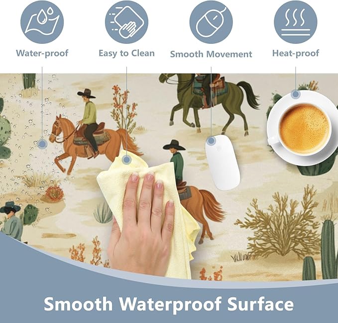 Mouse Pad Desk Mat Leather Desk Pad Large Gaming Desk Cover Protector Mat for Keyboard Computer Laptop Office Waterproof 35.4 x 16.5 Inch Cute Cacti Desert Cowboys Horses