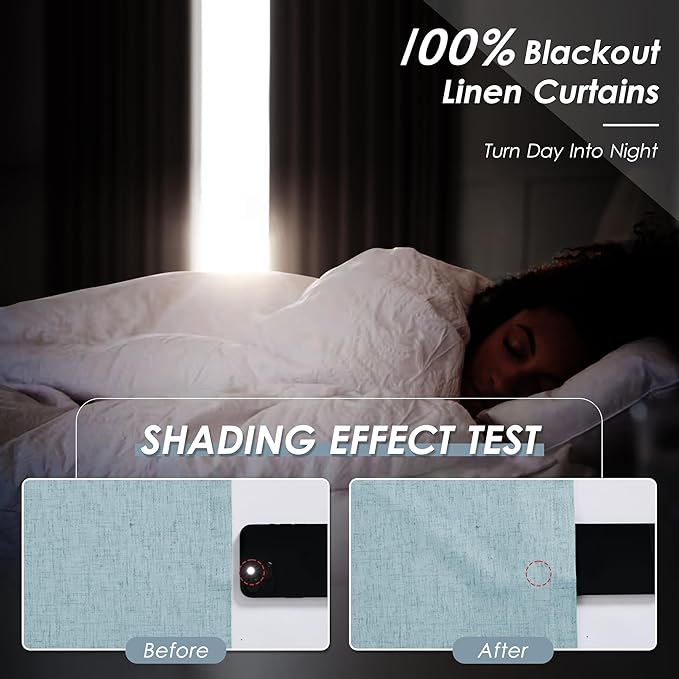Light Blue Linen Blackout Curtains 108 Inches Long 2 Panel Set for Living Room Back Tab Pocket Drapes Cotton Textured Room Darkening Light Blocking Curtain for Bedroom Cottage High Window 52x108