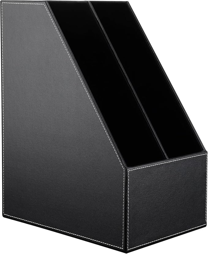 KINGFOM Wooden Leatherette Desktop File Folder Organizer and Document File Stand Journals Magazine Rack 2 Slots (black)