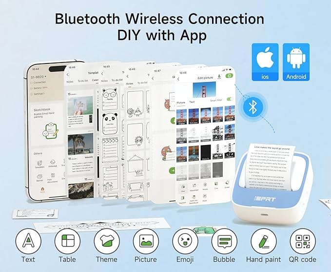 iDPRT Portable Sticker Maker Machine with 1 Roll Sticker Paper, Mini Printer Efficiently and Quickly, Thermal Printer for Study Notes, Pictures, DIY, Label, Free App with Multiple Templates,Blue