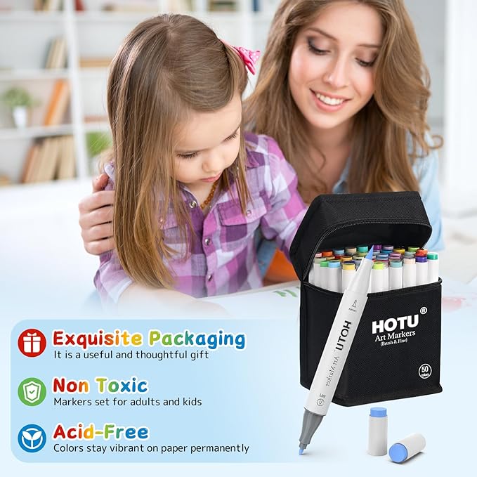 Alcohol Markers Brush Tip - 50 Colors Dual Tip Markers, Brush & Fine Alcohol-based Art Marker Set for Kids Adults Coloring Illustration, Alcohol Sketch Pens with Carrying Case, Non-Bleeding Pad