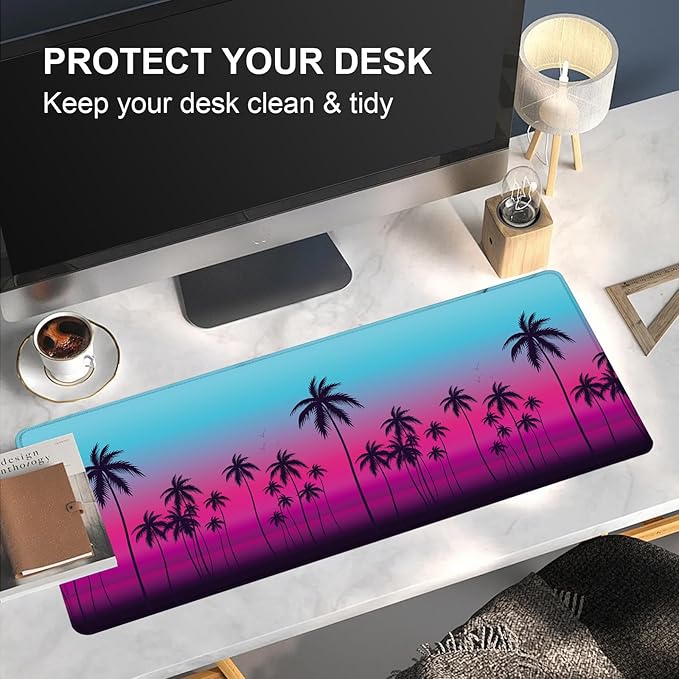 Large Desk Mat, Desk Matt for Desktop, Computer Gaming Mouse Pads, Anti-Slip Rubber Base, Stitched Edges Soft Mat for Desktop Office Home 31.5 x 11.8 Inches (Neon Palm)