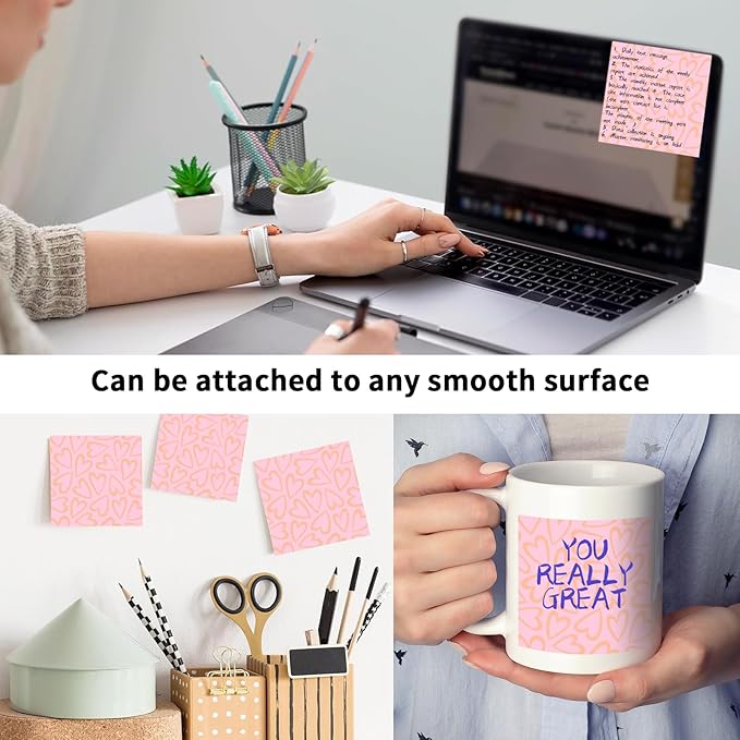 2 Pack Sticky Notes 3x3 Inches, Bright Cute Strong Sticking Power, Easy to Post for Home, Office, 80sheets/Pads, Pink Heart
