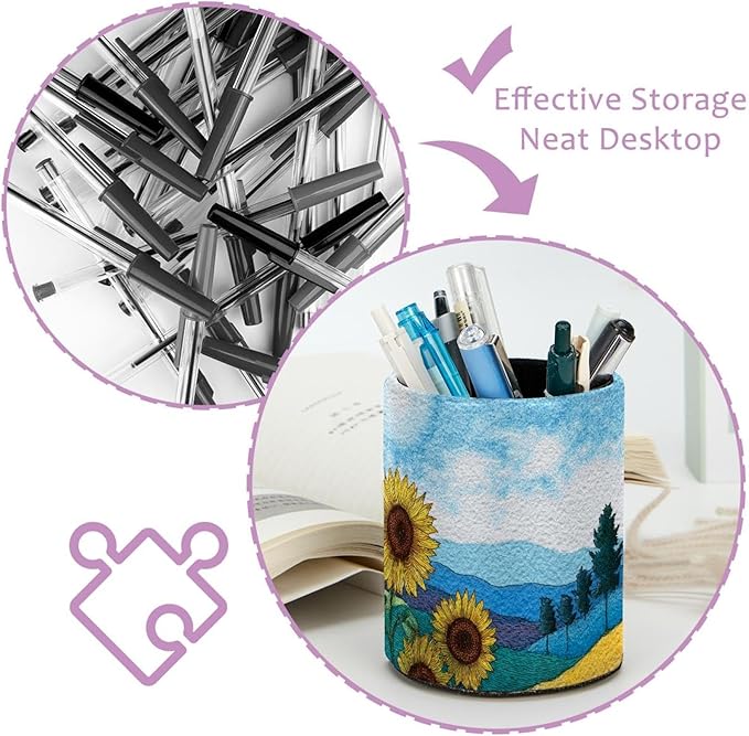 Watercolor Art Sunflower Circular Pen Holder, Pen Cup Makeup Brush Holder, Design for School, Home and Stationary Supplies (3.9 x 3.1 Inches)