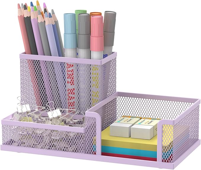 SUPEASY Mesh Pen Holder Desk Organizer, Office Supplies Pencil Storage with 3 Compartments, Office Desk Accessories and Workspace Organizers for Home School, Purple