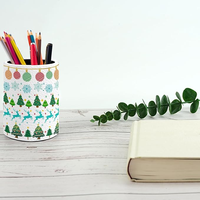 Christmas Pen Holder Pencil Organizer Cute Pencil Cup Desk Decor Makeup Brush Holder PU Multifunctional Office Suppliesfor Home Classroom School