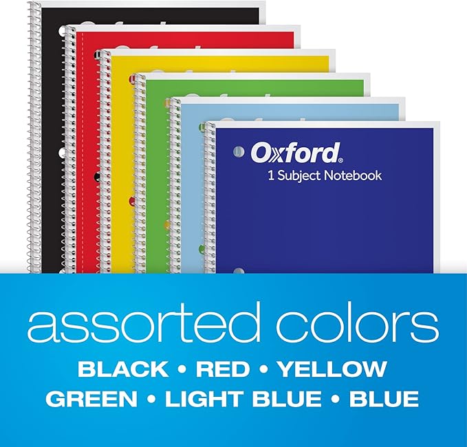 Oxford Spiral Notebook 6 Pack, Bulk Wide Ruled Spiral Notebooks for School, 1 Subject Journal, Wide Ruled Paper, 8 x 10-1/2 Inch, Blue, Yellow, Red, Light Blue, Green and Black, 70 Sheets (65010) (Pack of 4)