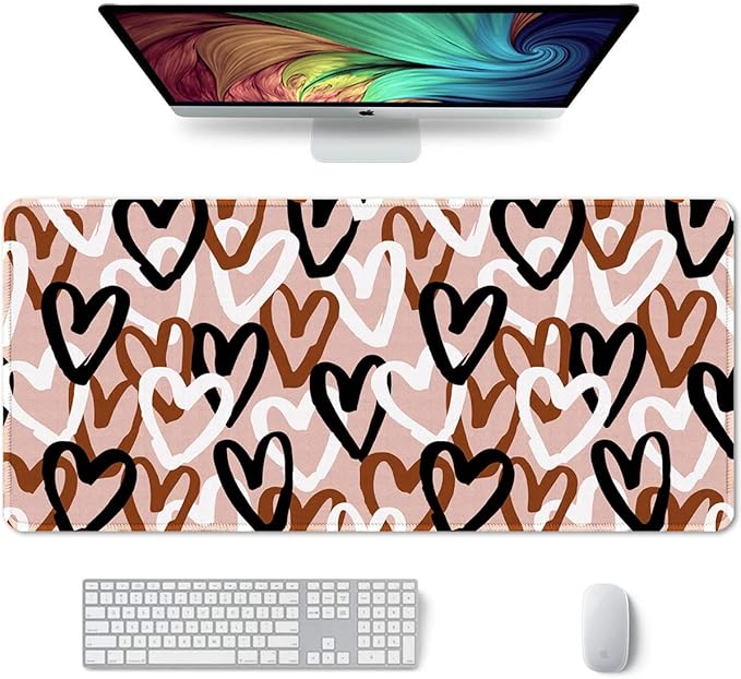 Auhoahsil Large Mouse Pad, XXL Desk Pad, Extened 35" x 15", Non-Slip Rubber Base, Stitched Edges, Superior Surface, Waterproof Keyboard Mat, Large Mousepad for Gamer, Office & Home, Brown Heart