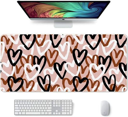 Auhoahsil Large Mouse Pad, XXL Desk Pad, Extened 35" x 15", Non-Slip Rubber Base, Stitched Edges, Superior Surface, Waterproof Keyboard Mat, Large Mousepad for Gamer, Office & Home, Brown Heart